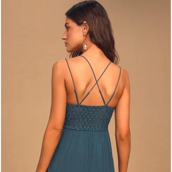 Free People Teal Lace Crochet Trim Ruffled Hem Flowy Casual Boho Slip Dress - Picture 12 of 16
